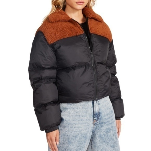 NWT Steve Madden Black Faux Shearling Mixed Puffer Jacket Medium - Picture 1 of 9